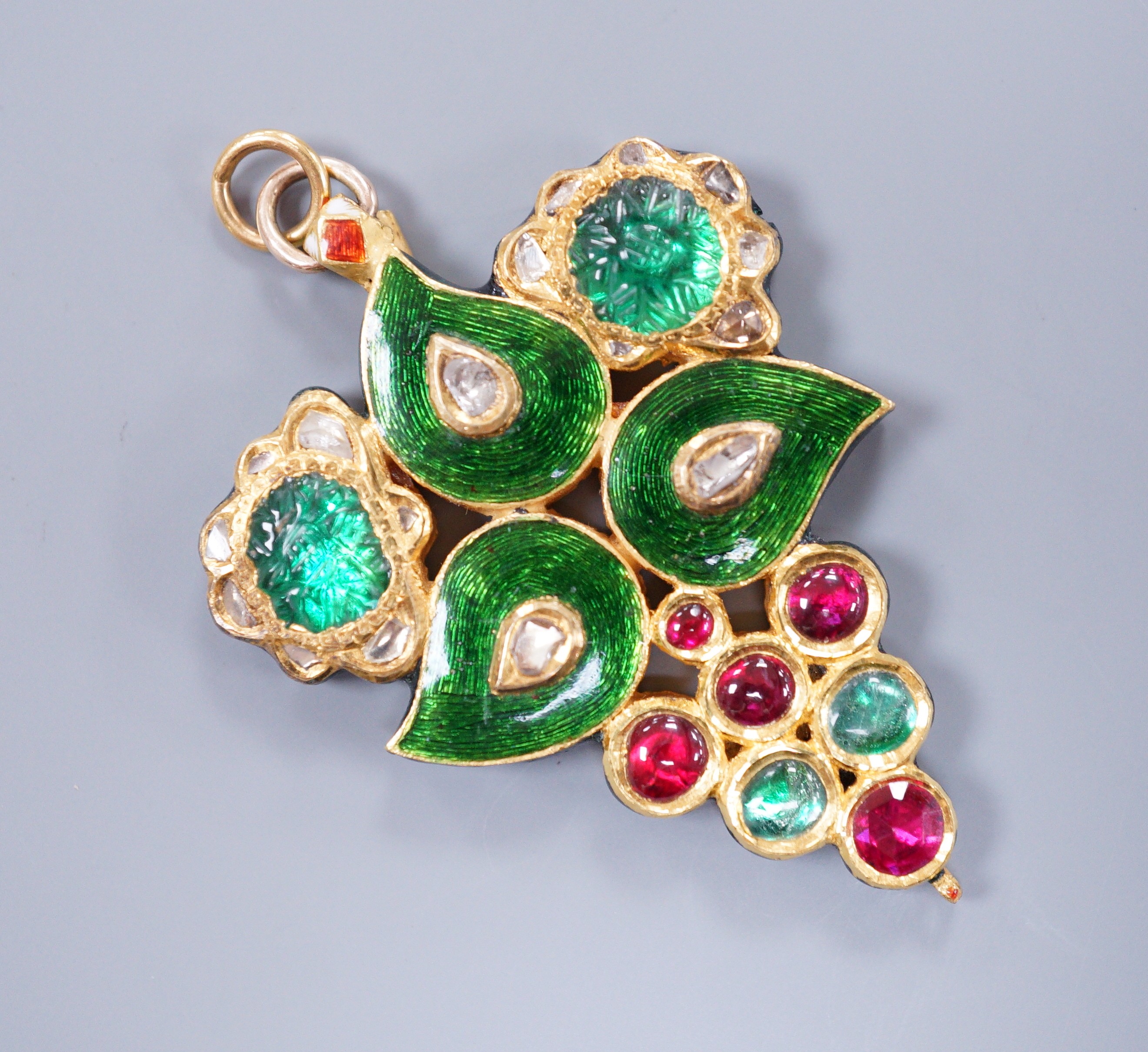 An Indian gold overlay, enamel and rose diamond foliate design pendant, 5cm, gross 15.2 grams